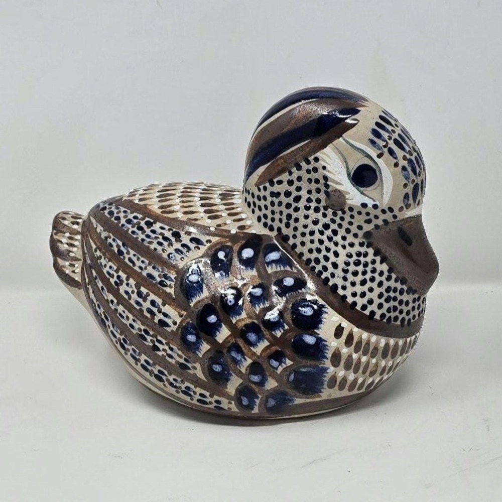 Vtg Tonala duck hand painted ceramic pottery folk art home decor bird cabincore